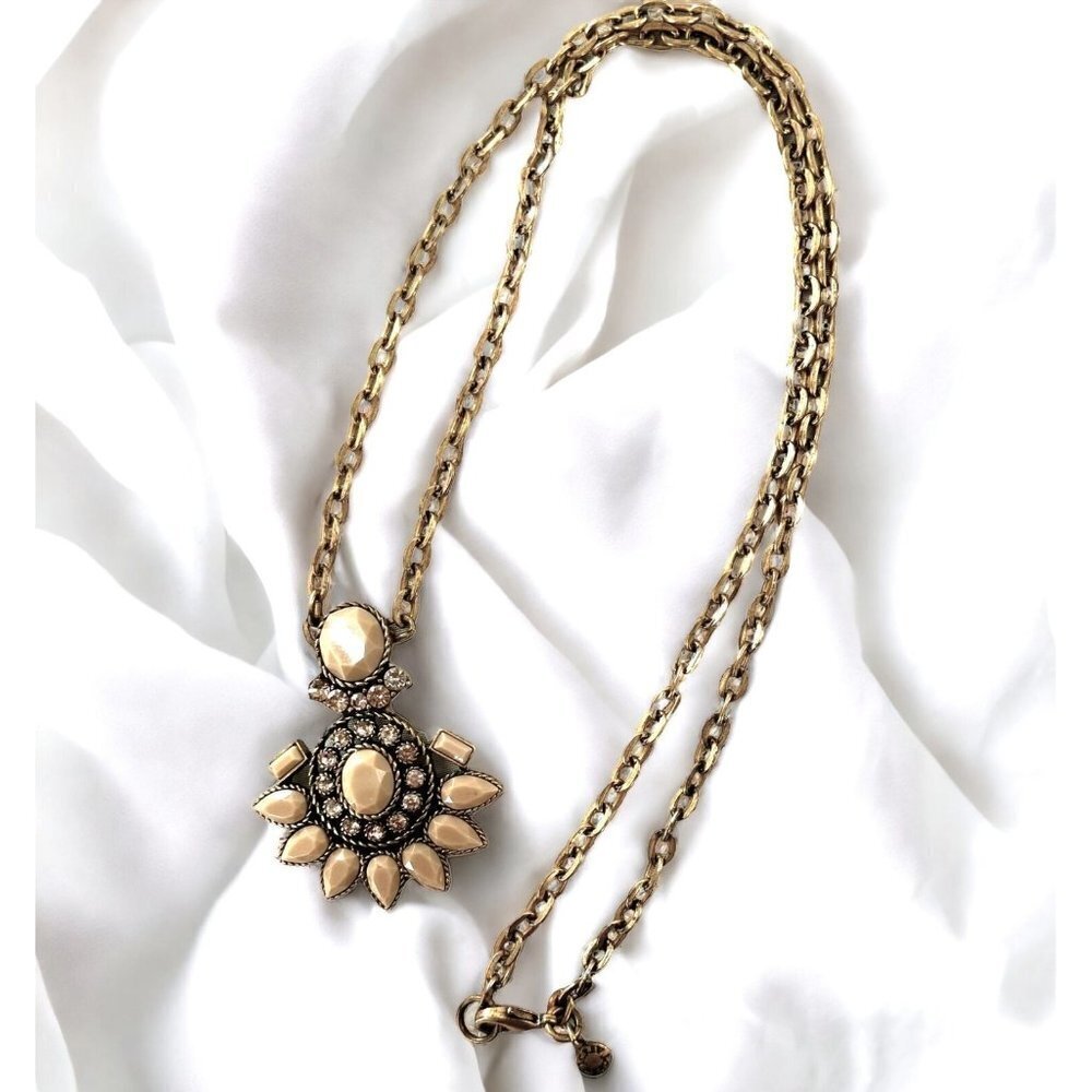 J Crew Beige Stone and Crystals Brushed Gold Pendant Statement Necklace